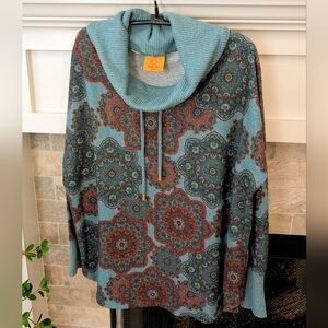Ruby Rd. Teal and Rust Patterned Cowl Neck Top